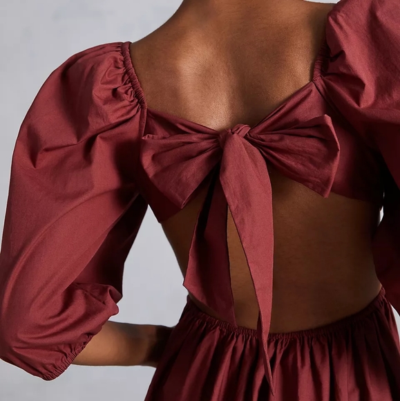 Anthropologie NWT Mini Dress Back Knot Cut-out Puff Sleeve Scallop Trim - Picture 3 of 6